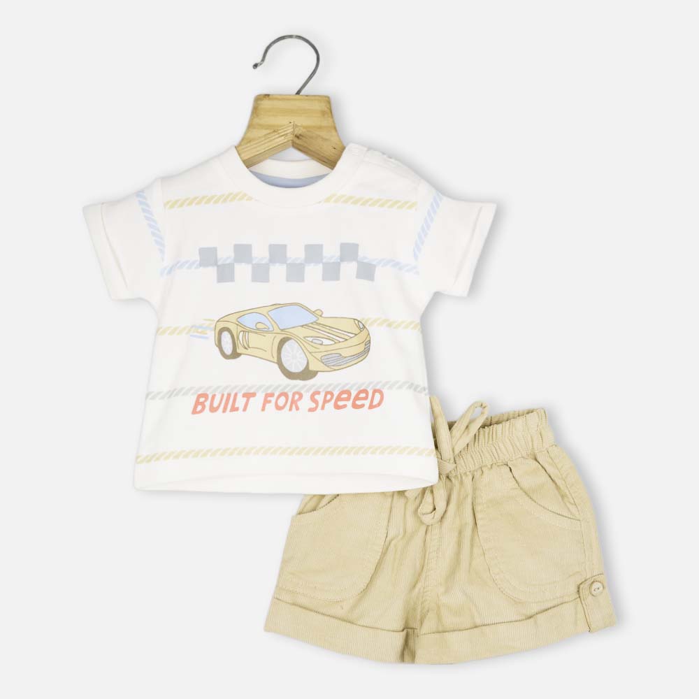 White Graphic Printed T-Shirt With Beige Shorts