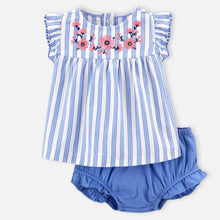 Load image into Gallery viewer, Blue Striped Embroidered Cotton Frock With Bloomer

