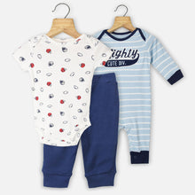 Load image into Gallery viewer, Blue Striped Printed Cotton Baby Clothing Set- 3 Pieces
