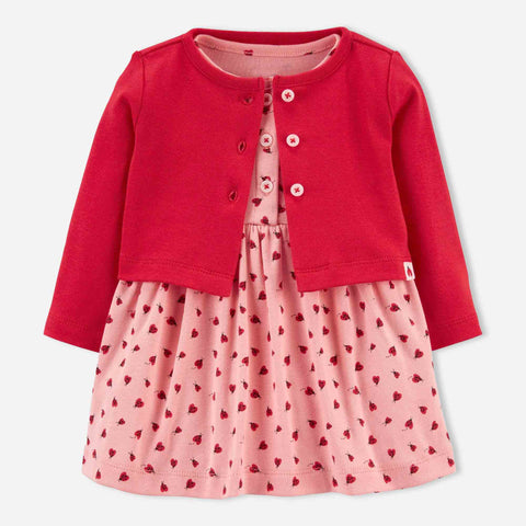Cotton Frock With Full Sleeves Shrug & Bloomer- Pink, Red, Peach & Beige