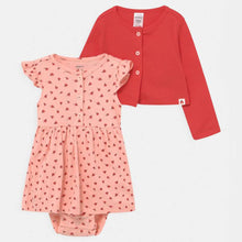 Load image into Gallery viewer, Cotton Frock With Full Sleeves Shrug &amp; Bloomer- Pink, Red, Peach &amp; Beige
