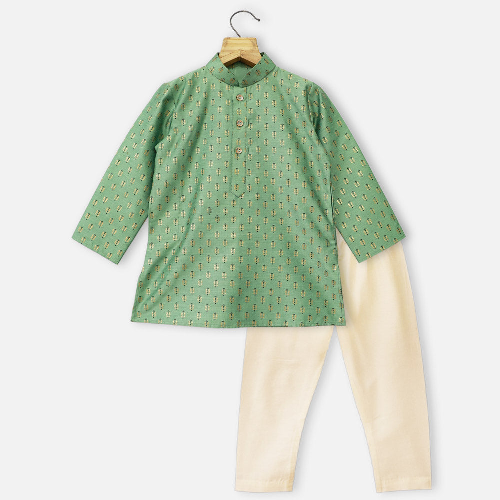 Green Block Printed Kurta With Ivory Pajama