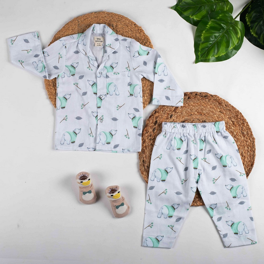 White Polar Bear Theme Full Sleeves Organic Cotton Night Suit
