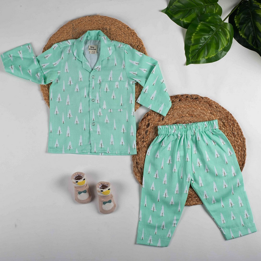 Green Pines Theme Full Sleeves Organic Cotton Night Suit