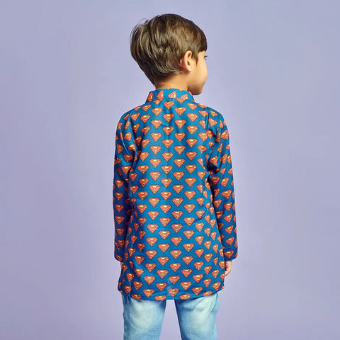 Blue Super Hero Printed Kurta