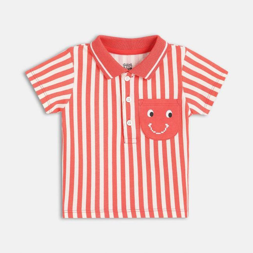 Red Striped Polo Collar Cotton T-Shirt