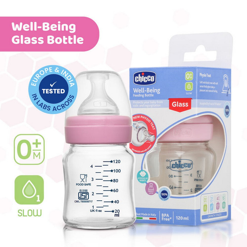 Pink Well-Being Glass Feeding Bottle- 120ml