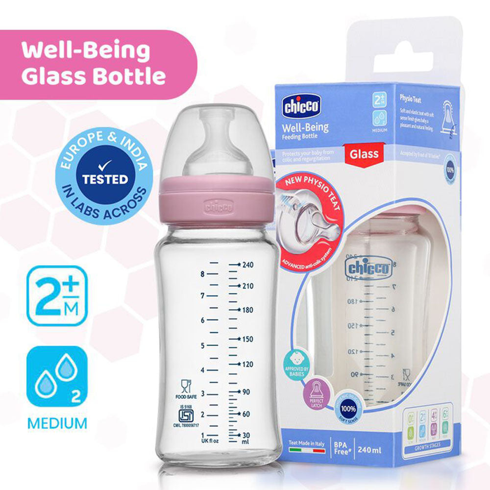 Pink Well-Being Glass Feeding Bottle - 240ml