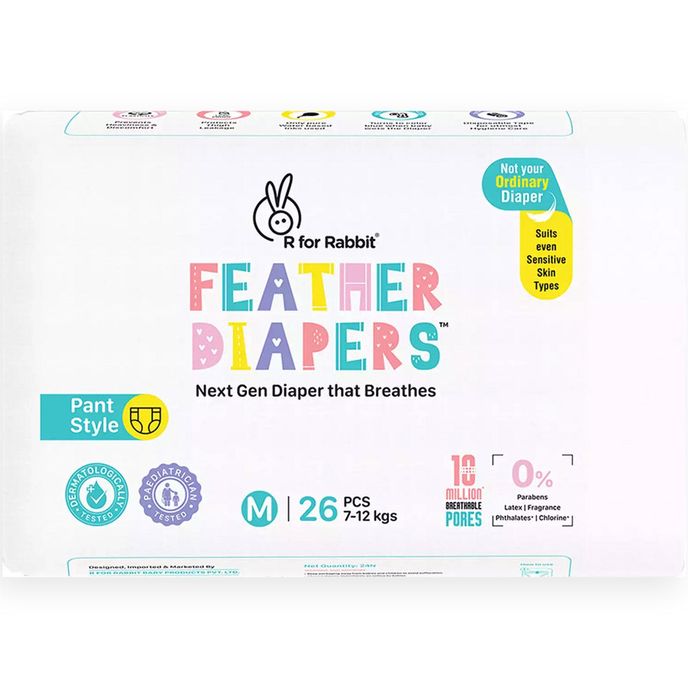 M Size Feather Baby Diaper Pant - 26 Pieces (7-12kg)