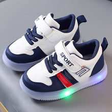 Load image into Gallery viewer, White With Blue Velcro Closure Sneakers With LED Light-Up
