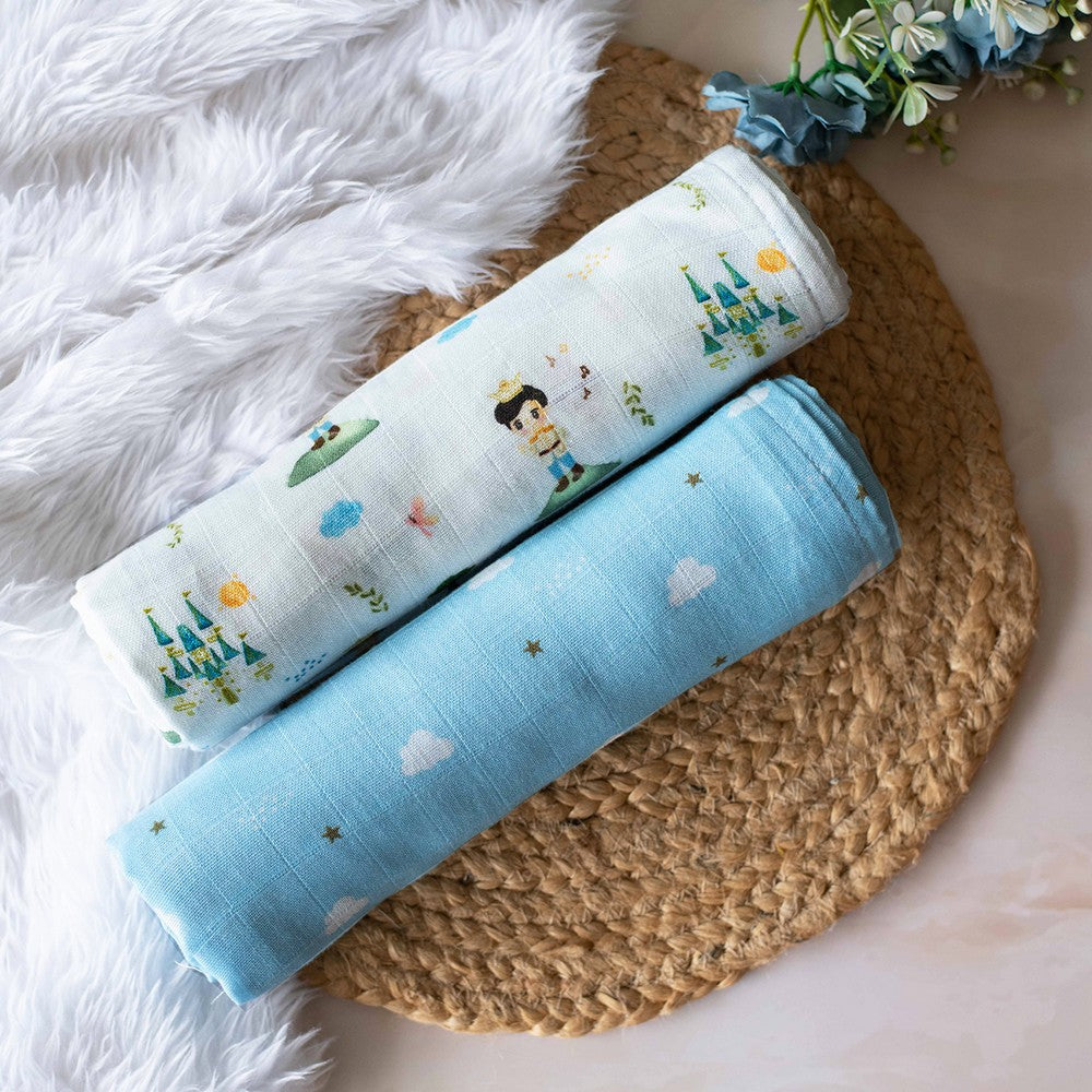 Blue Little Prince Theme Organic Muslin Swaddles- Set Of 2