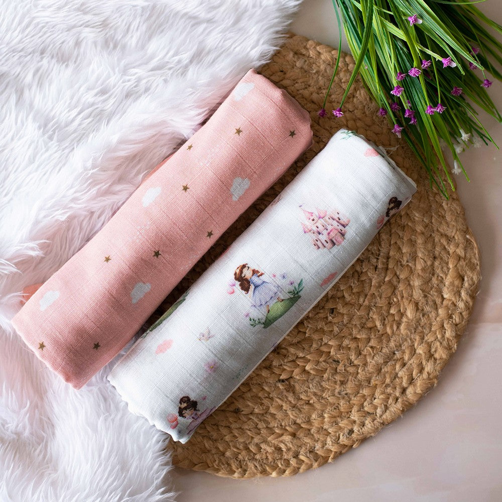 Pink Fairytale Theme Organic Muslin Swaddles- Set Of 2