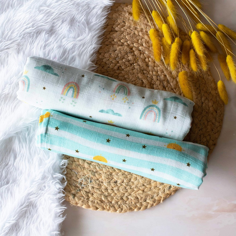 Sea Green Horizon Theme Organic Muslin Swaddles- Set Of 2
