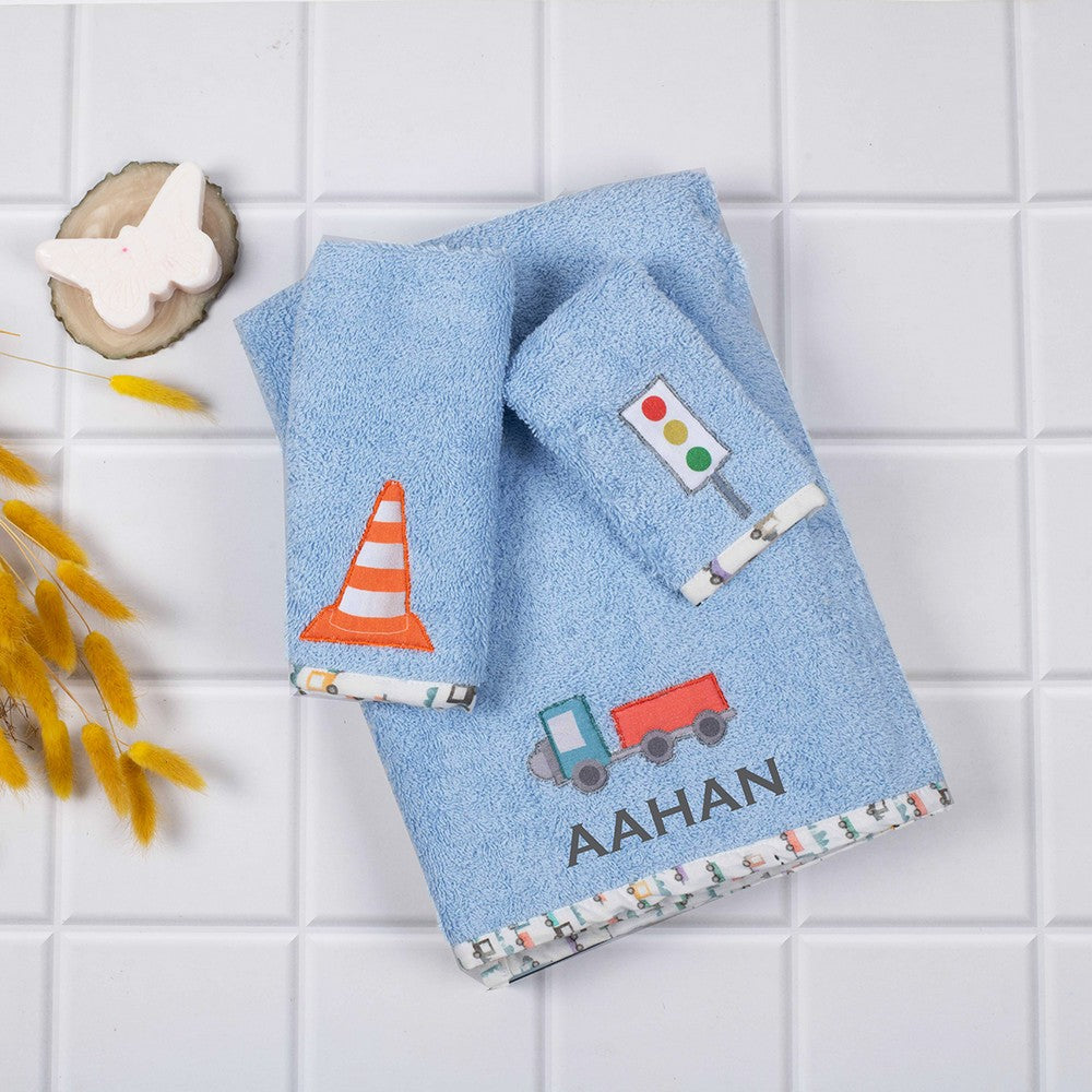 Blue Vehicle Theme Towels, Hand Towel & Face towel- Set Of 3