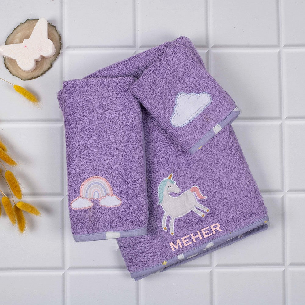 Purple Unicorn Theme Towels, Hand Towel & Face towel- Set Of 3