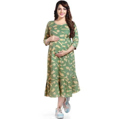 Grey & Green Abstarct Printed Nursing Maternity Dress