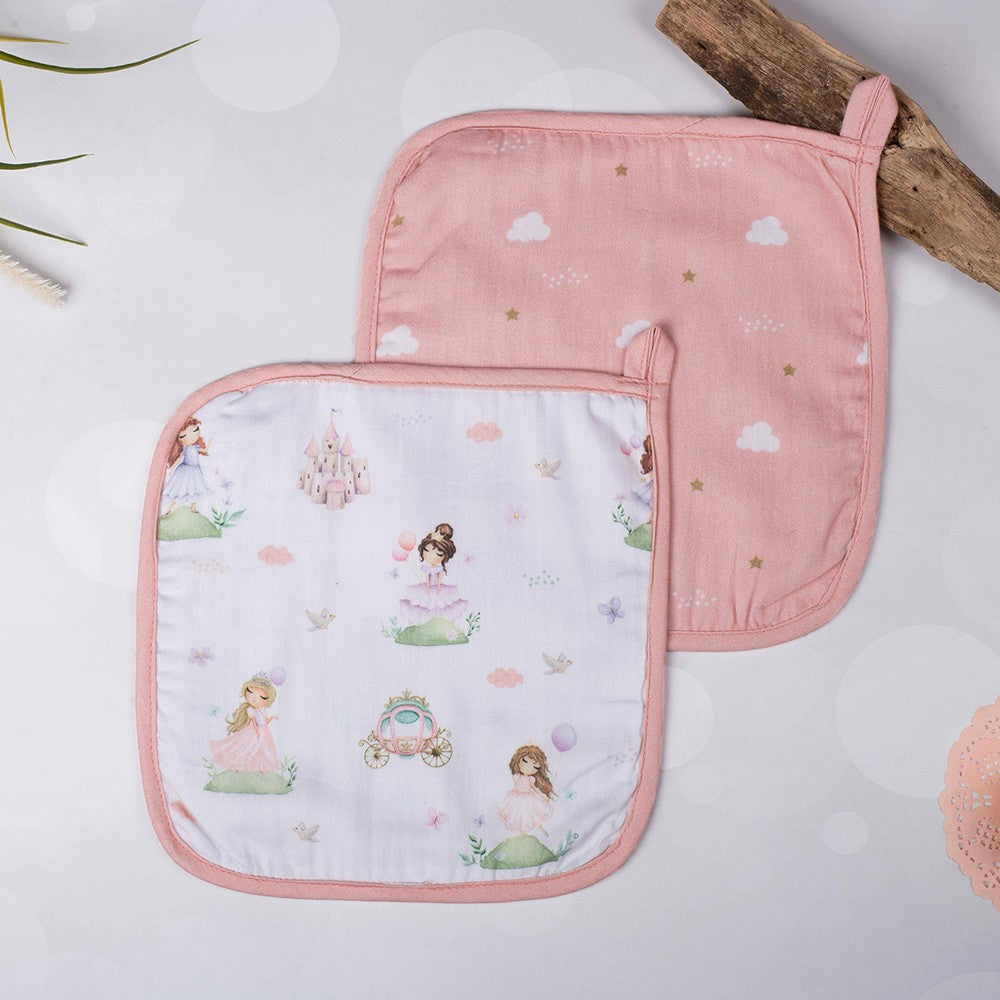 Pink Fairytale Muslin Cotton Washcloth- Set Of 2
