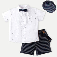 Load image into Gallery viewer, White Half Sleeves Polka Dot Printed Shirt &amp; Striped Short Set With Bow, Suspender &amp; Cap
