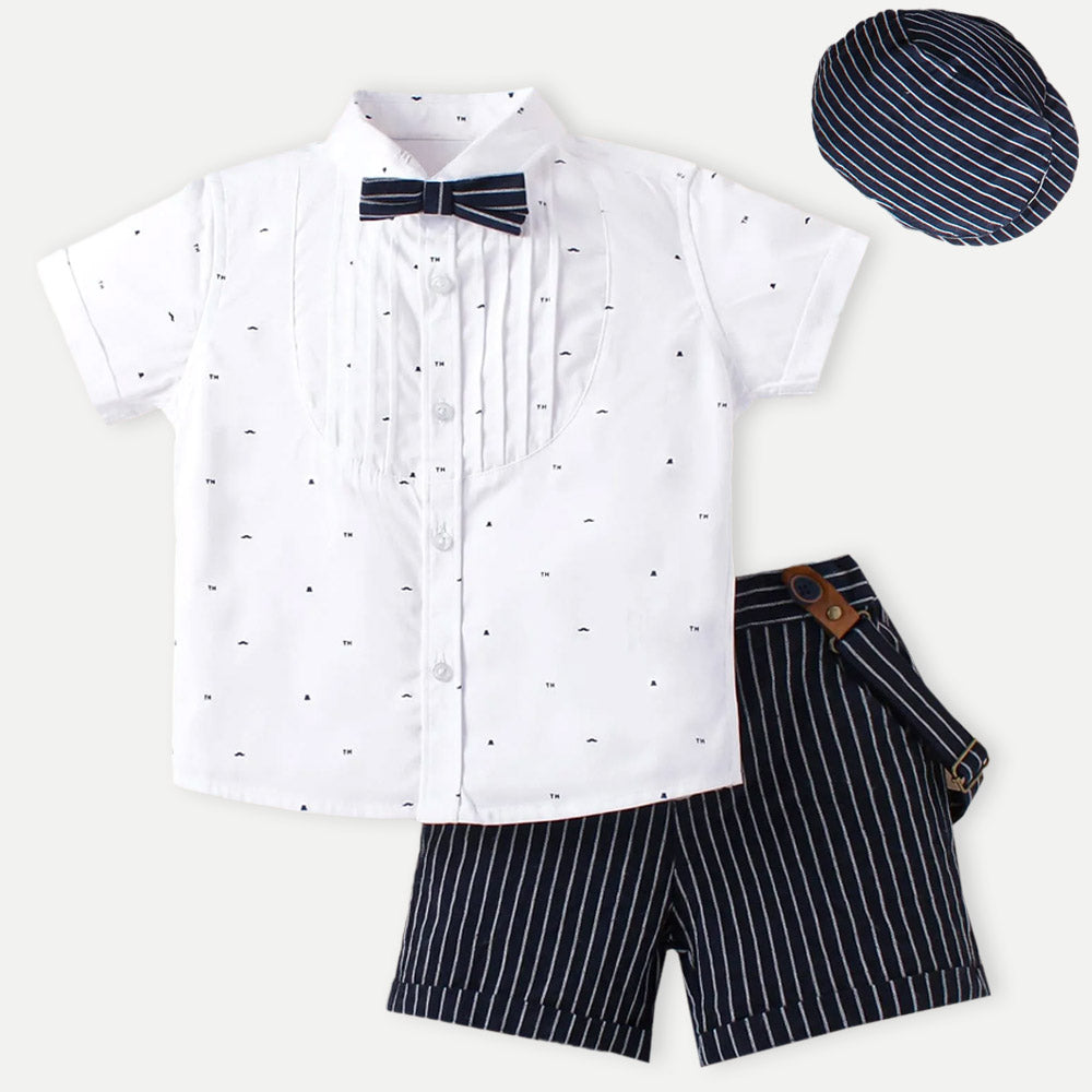 White Half Sleeves Polka Dot Printed Shirt & Striped Short Set With Bow, Suspender & Cap