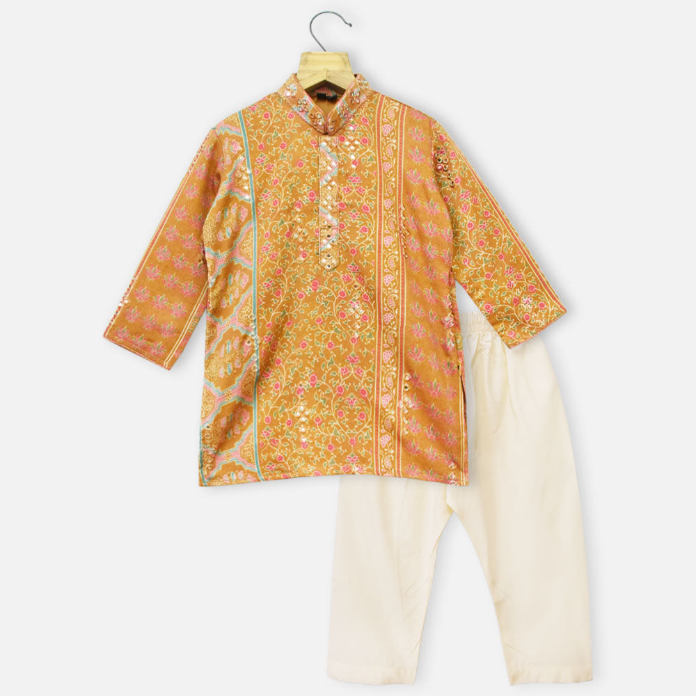 Mustard Floral Embroidered Kurta With Pajama