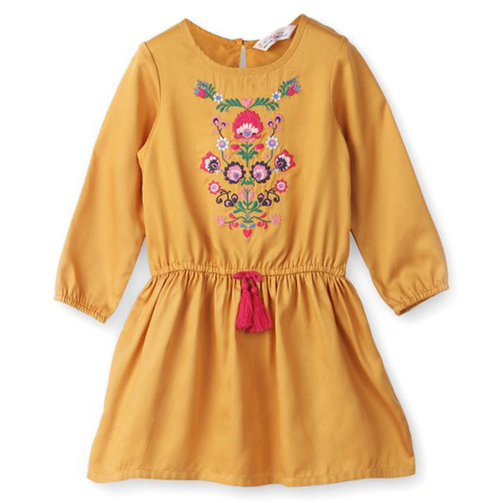 Mustard Floral Embroidered Viscose Dress