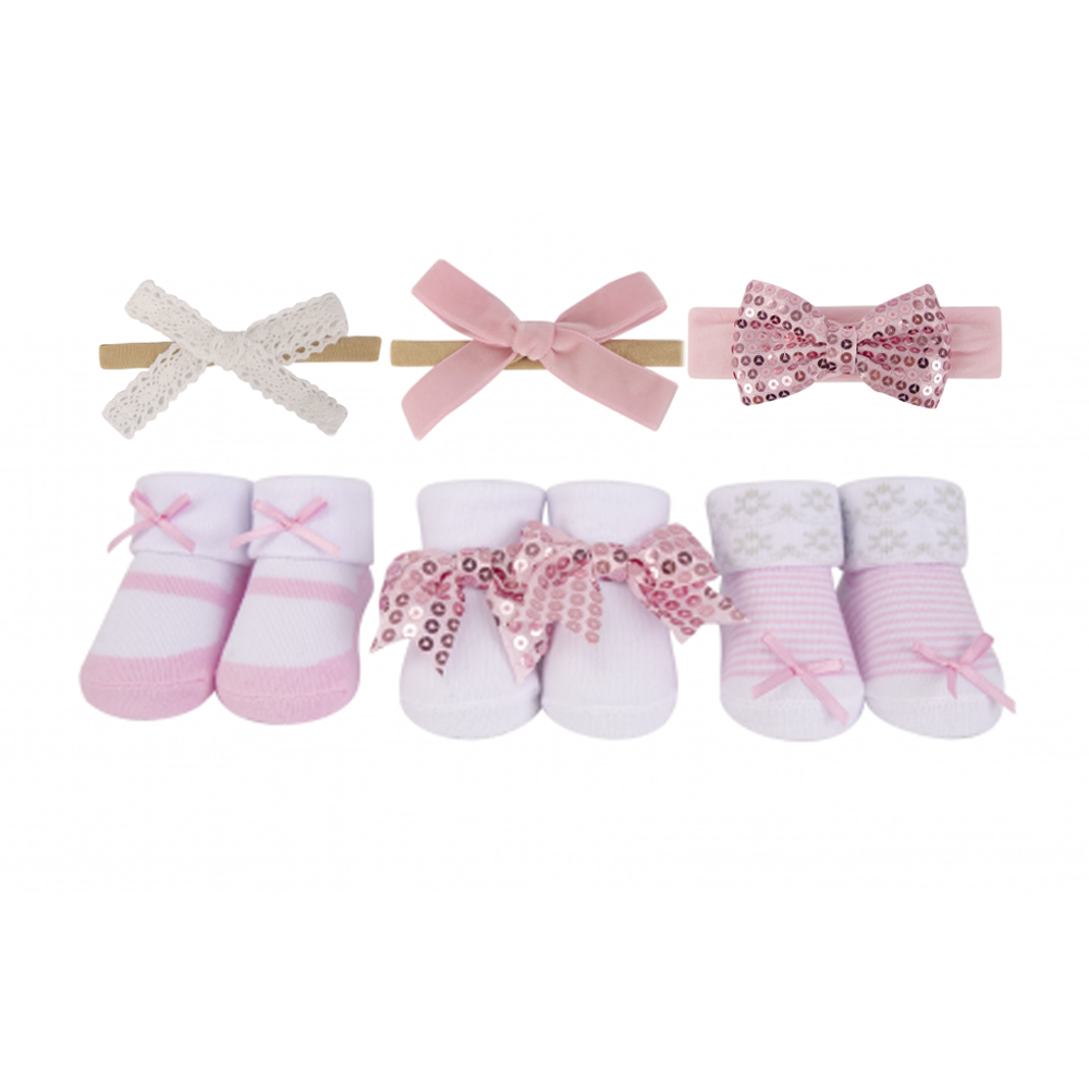 Pink Baby Socks Booties And Headband Giftset- Pack Of 6