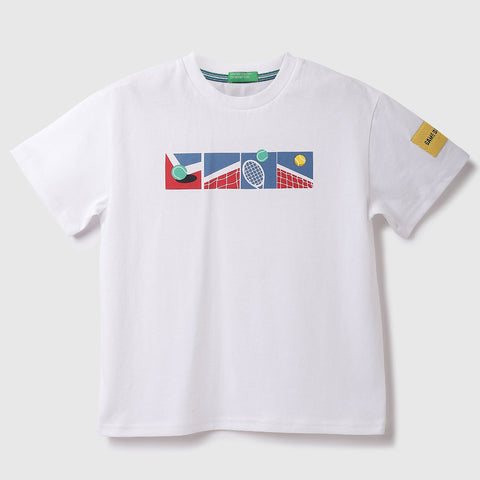 White & Yellow Tennis Printed Cotton T-Shirt