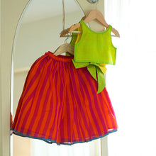 Load image into Gallery viewer, Lime Green Choli With Orange &amp; Pink Striped Skirt In Handwoven Cotton Silk
