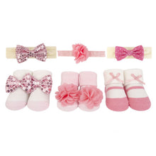 Load image into Gallery viewer, Pink Sequins Bow Baby Socks Booties And Headband Giftset- Pack Of 6
