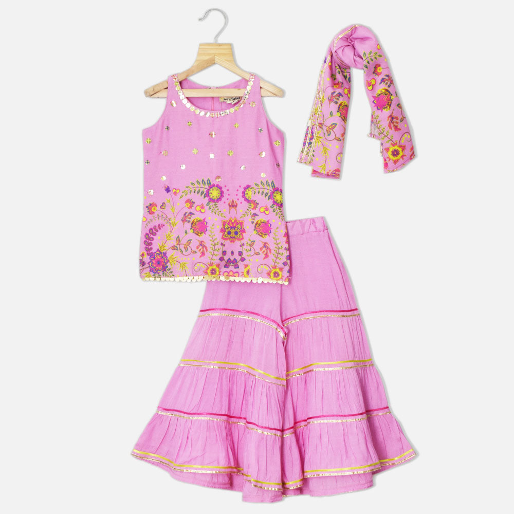 Mirror Work Kurta With Sharara & Floral Dupatta-Pink & Green