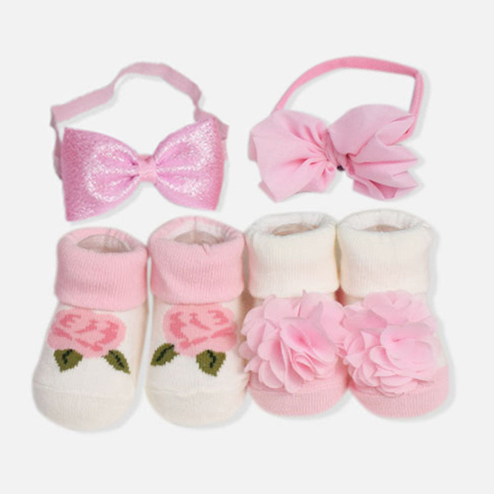 Light Pink Flower Socks With Hairbands - Set Of 4