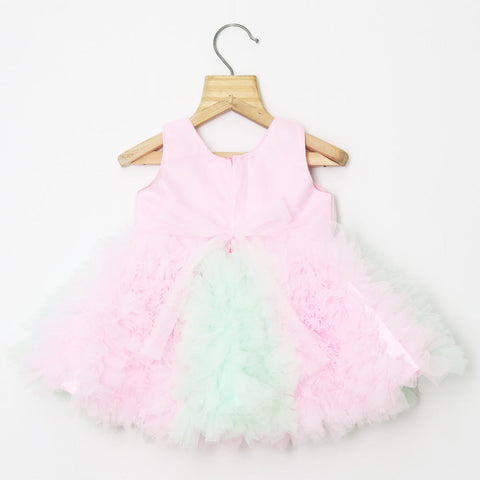 Pink With Green Ruffled Net Party Frock With Booties & Headband