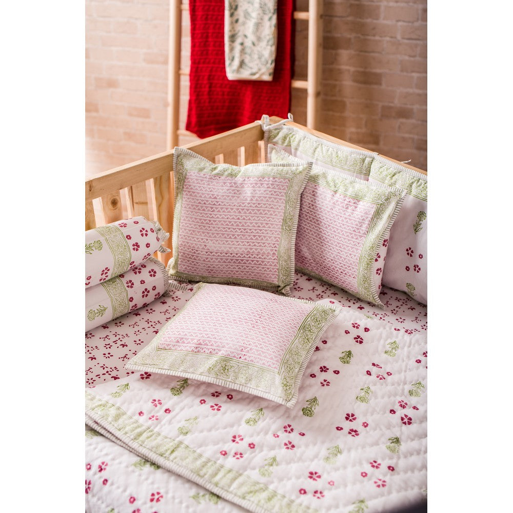Green Flower Hand Block Printed Cot Bedding Set