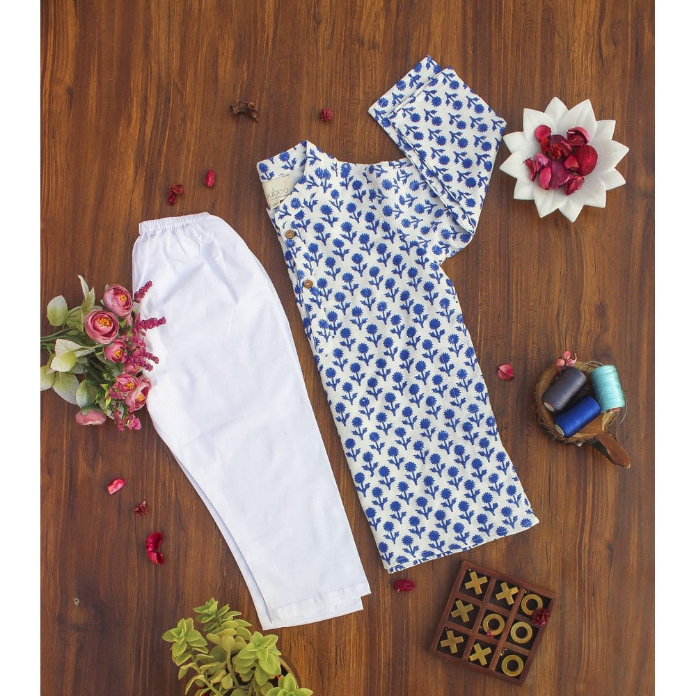 Dark Blue Flower Kurta Pajama Set
