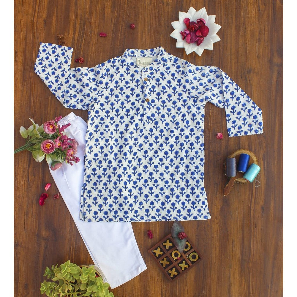 Dark Blue Flower Kurta Pajama Set