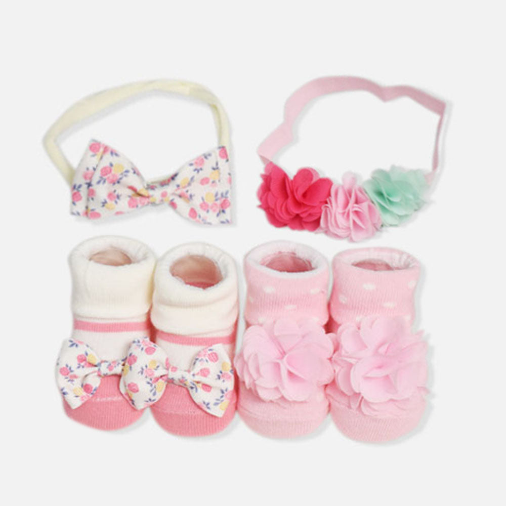 Dark Pink Flower Socks With Hairbands - Set Of 4