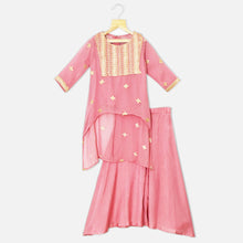 Load image into Gallery viewer, Embroidered High Low Hem Kurta With Flared Palazzo &amp; Inner-Pink &amp; Blue
