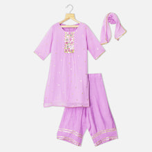 Load image into Gallery viewer, Lavender &amp; Yellow Mirror Work Kurta With Palazzo &amp; Dupatta
