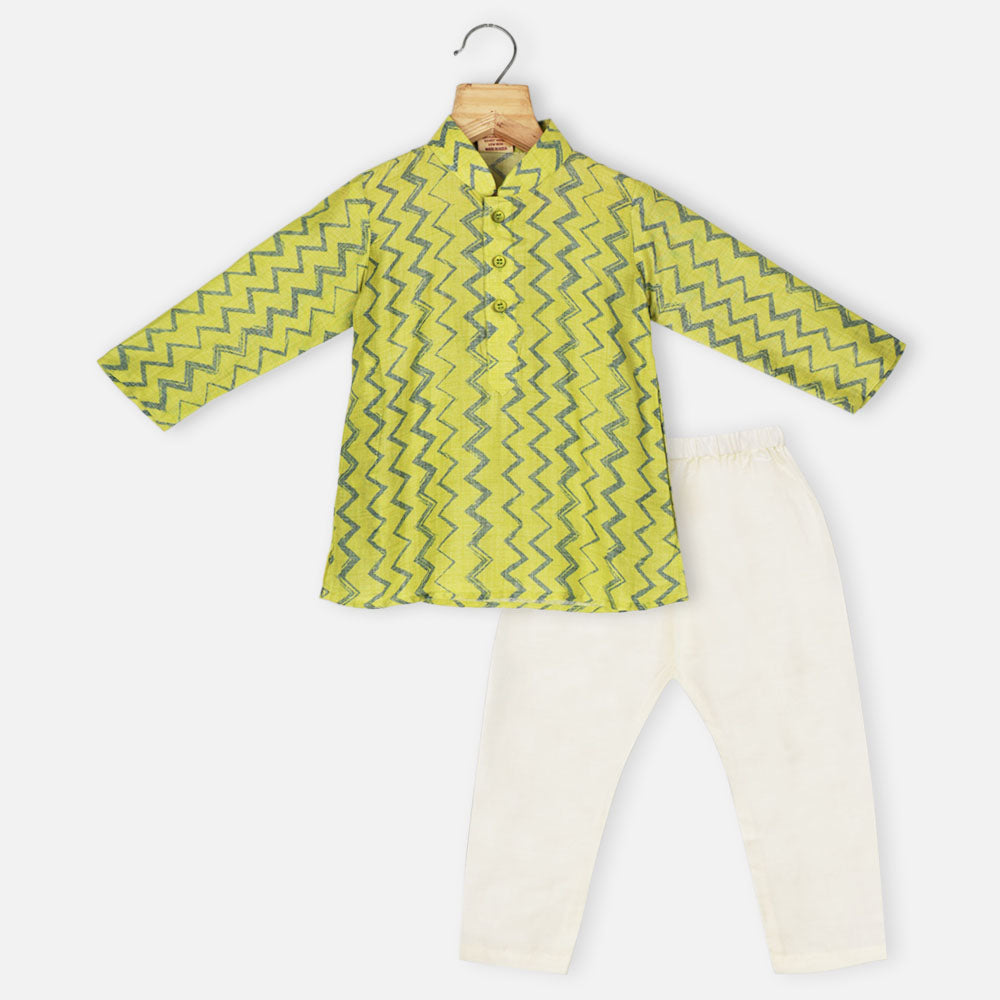 Green Chevron Printed Kurta With Beige Pajama