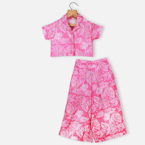 Tropical Printed Top With Wide Leg Pants Co-Ord Set- Pink, Lavender & Green