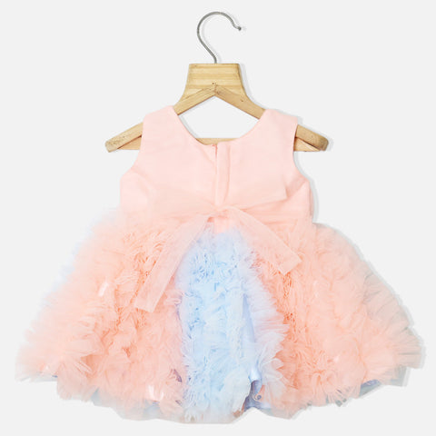 Peach Ruffled Net Party Frock With Booties & Headband