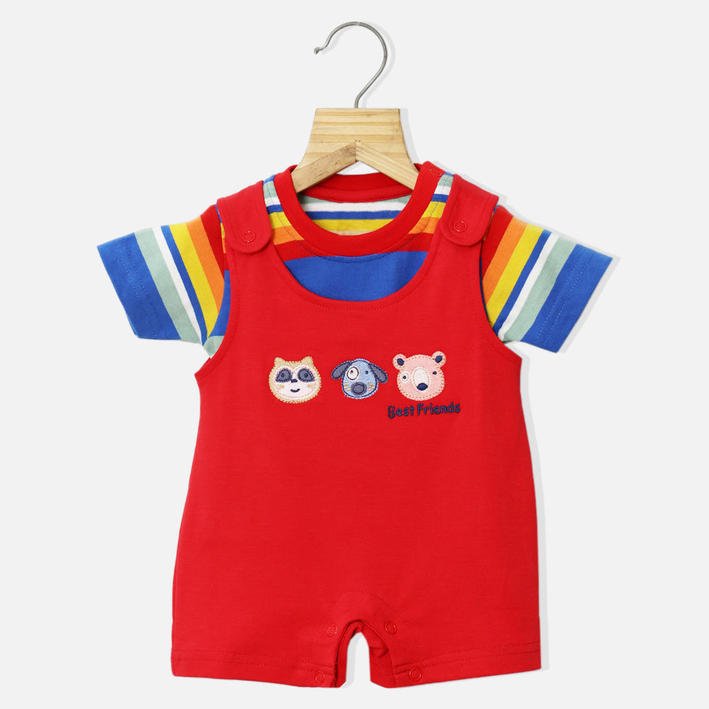 Red Dungaree Romper With Striped T-Shirt