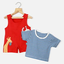 Load image into Gallery viewer, Red Animal Applique Dungaree Romper With Striped T-Shirt
