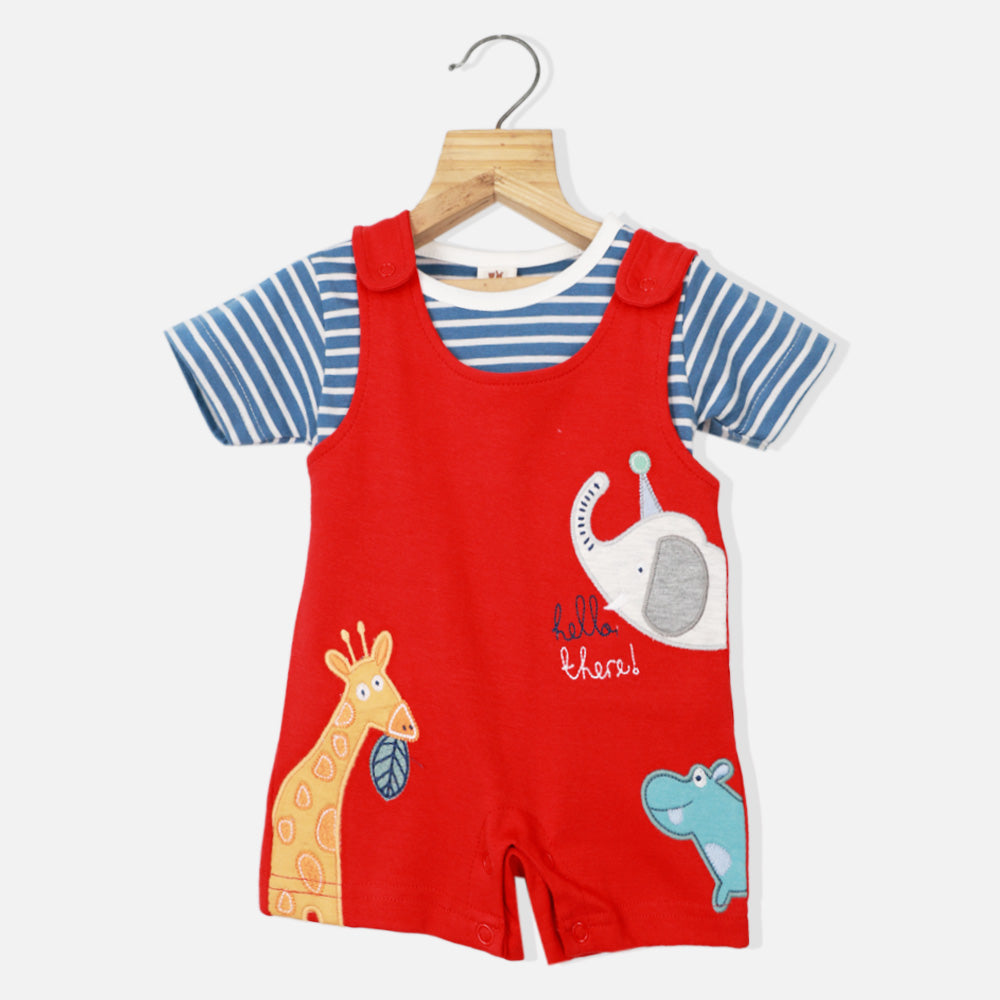 Red Animal Applique Dungaree Romper With Striped T-Shirt