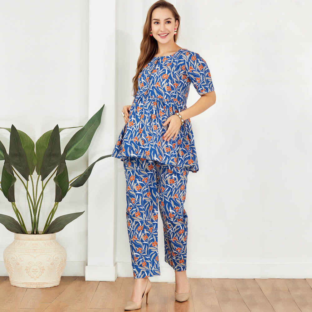 Blue Tropical Printed Zip Front Top With Pant Maternity Co-Ord Set