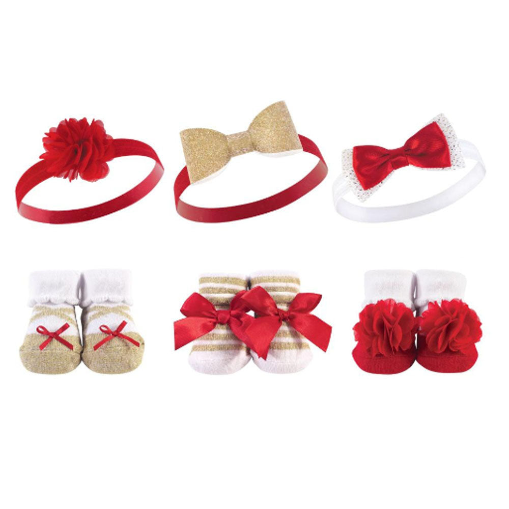 Red Flower Baby Socks Booties And Headband Giftset- Pack Of 6