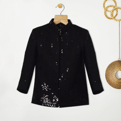 Black Sequins Embroidered Jacket With High Neck Kurta & Pant