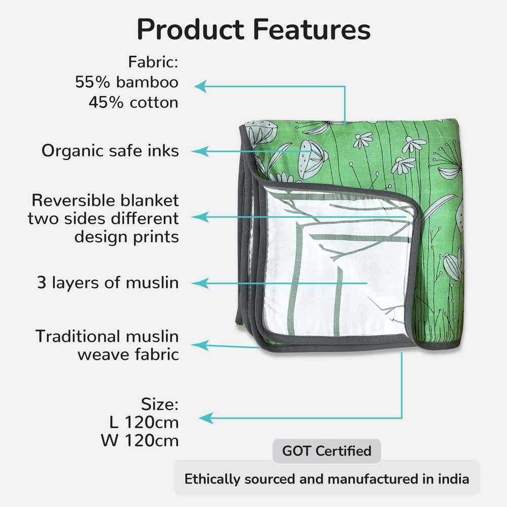 Green Spring Flower Reversible Baby Muslin Blankets
