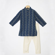Load image into Gallery viewer, Dark Blue Handblock Cotton Full Sleeves Kurta With Beige Pajama
