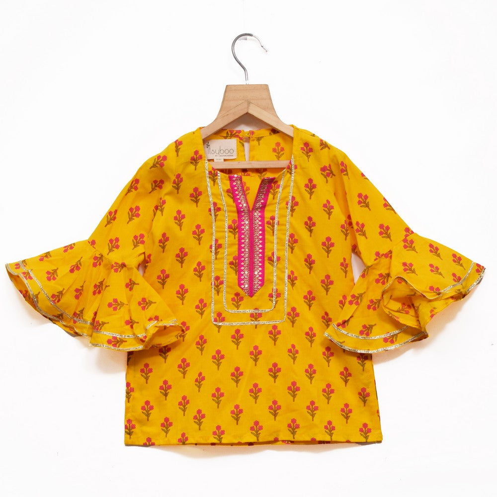 Yellow Floral Printed Kurti With Sharara And Dupatta